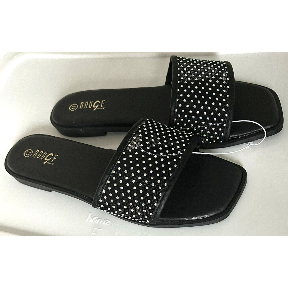 Rouge Rhinestone Black Mesh Band Slide Flat Sandals Womens Size 11